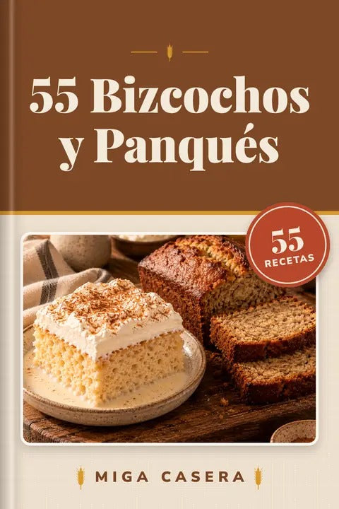Portada de 55 Bizcochos y Panqués en mockup 3D · Miga Casera