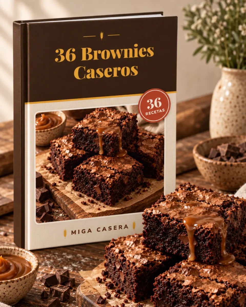 Portada de 36 Brownies Caseros en mockup 3D · Miga Casera