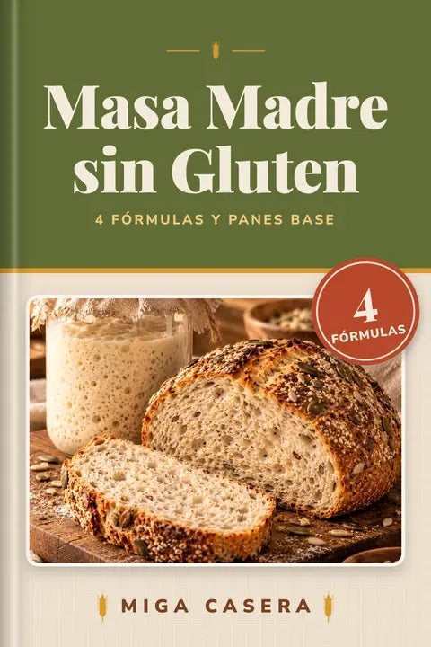 Portada de Masa Madre sin Gluten en mockup 3D · Miga Casera