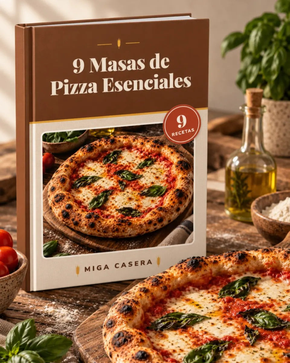 Portada de 9 Masas de Pizza Esenciales en mockup 3D · Miga Casera