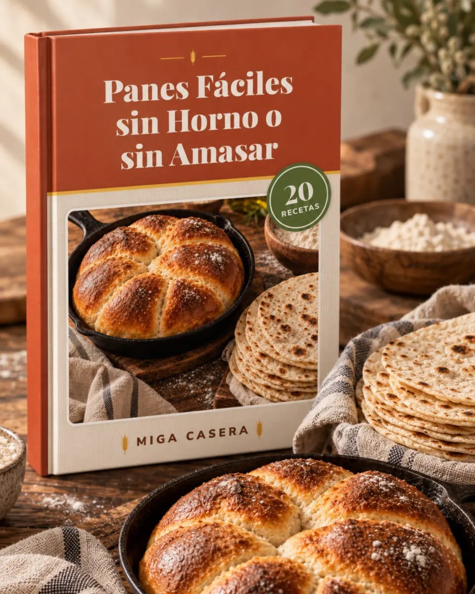 Portada de Panes Fáciles sin Horno o sin Amasar en mockup 3D · Miga Casera