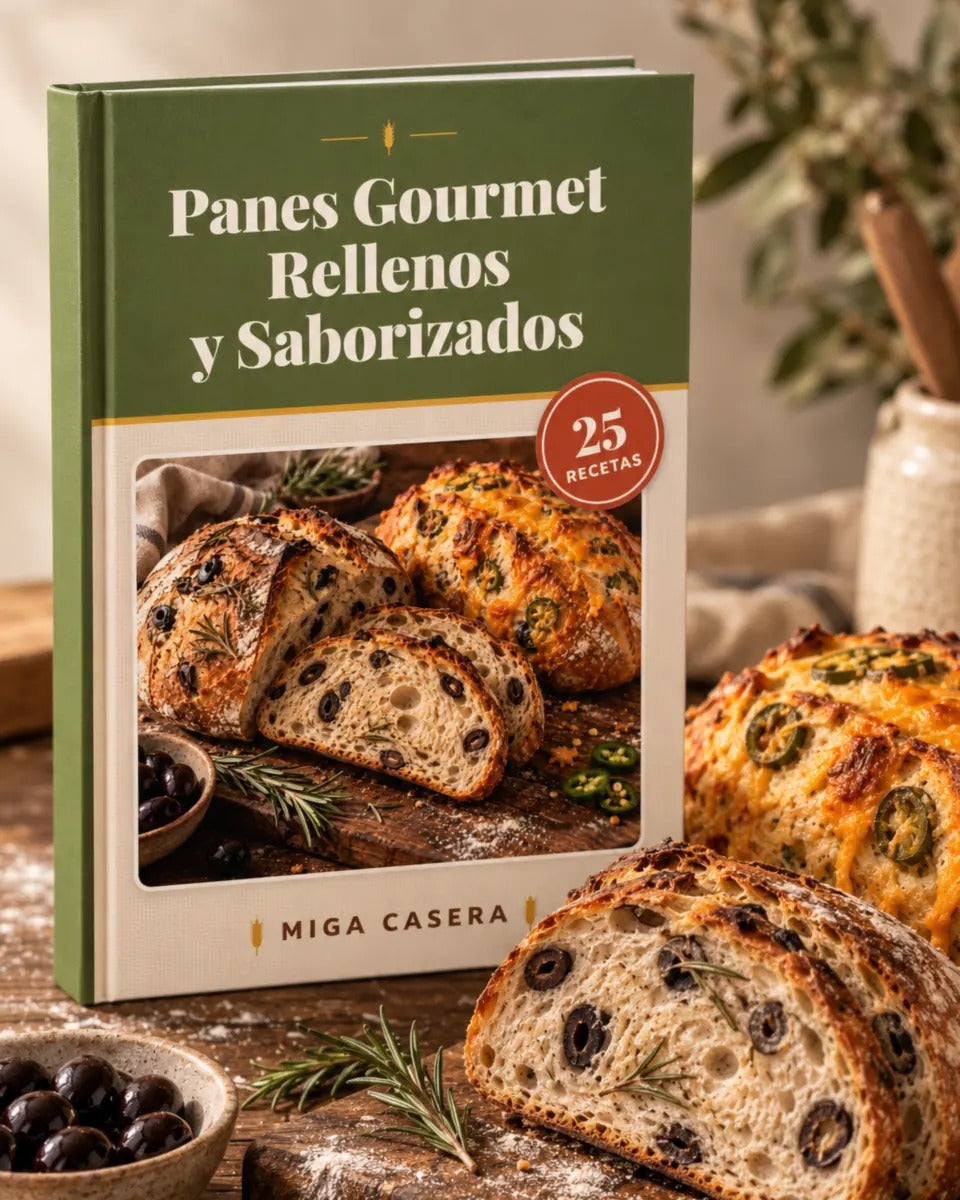 Portada de Panes Gourmet Rellenos y Saborizados en mockup 3D · Miga Casera