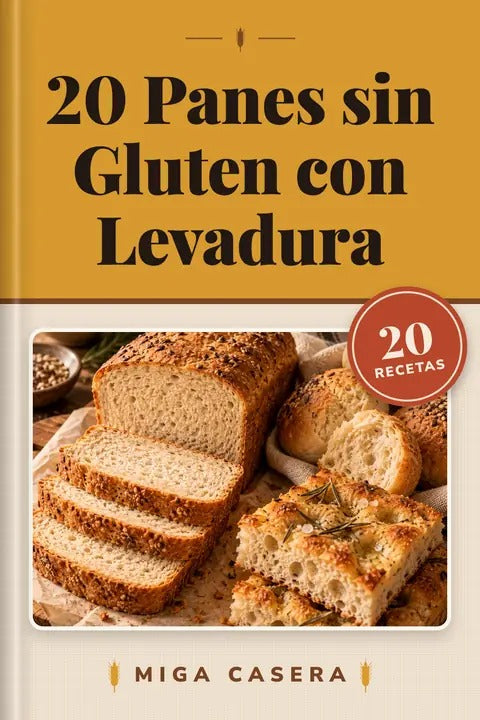 Portada de 20 Panes sin Gluten con Levadura en mockup 3D · Miga Casera